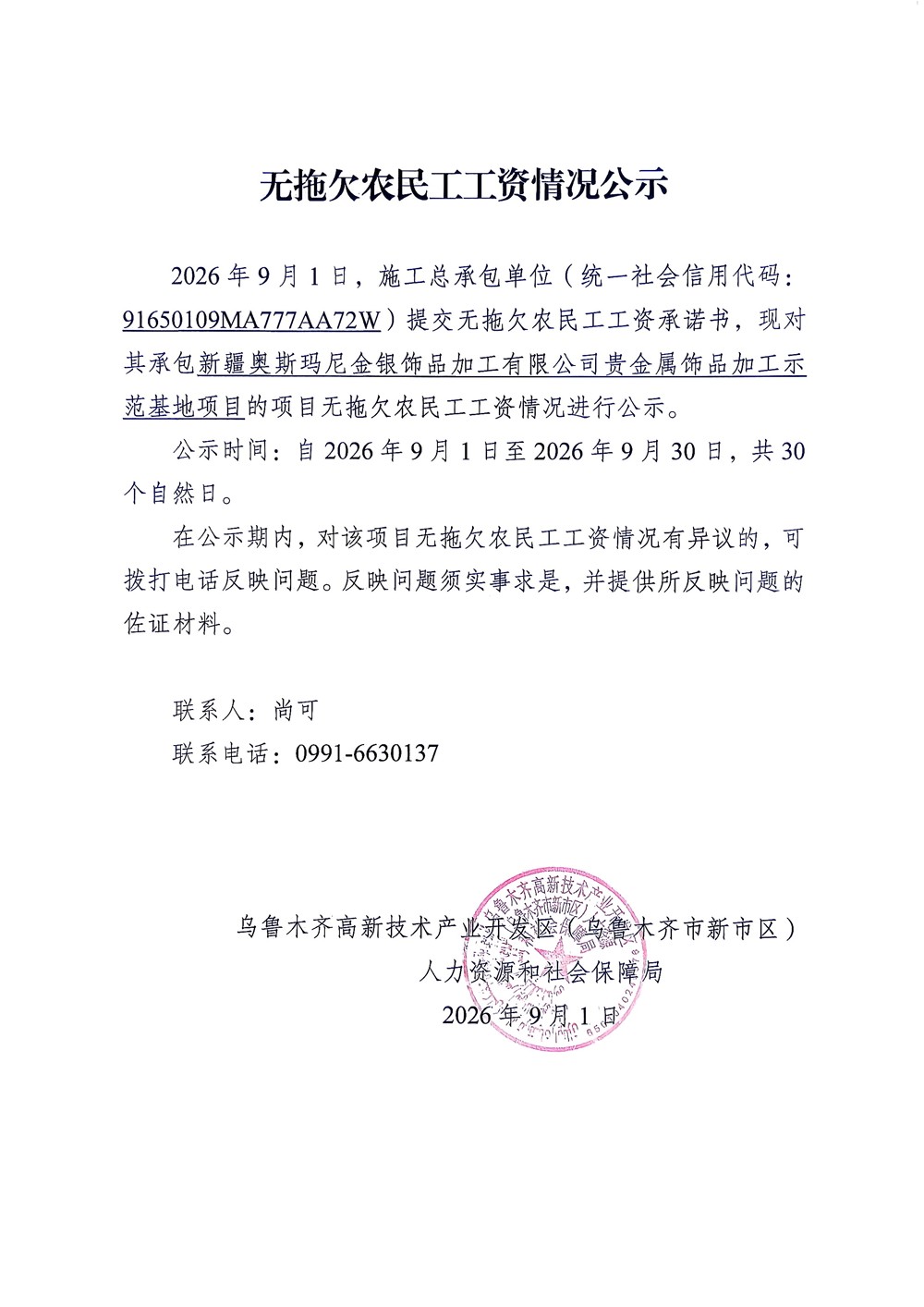 新疆奥斯玛尼金银饰品加工有限公司贵金属饰品加工示范基地项目